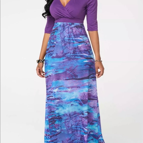 HIGH WAIST V NECK PRINTED MAXI DRESS Medium Purple - Picture 2 of 4